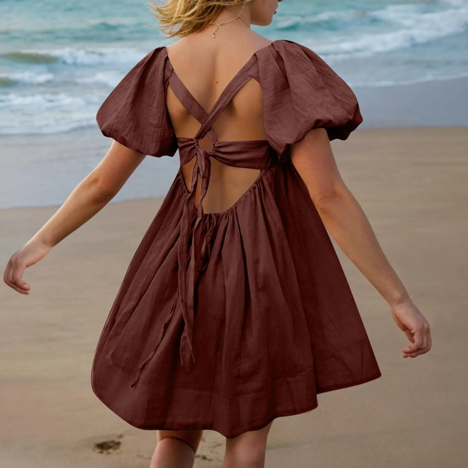 Women Summer Babydoll Dresses Flowy Mini Dress Square Neck Front Pleated Sundresses Back Tie Ruffle Aline Short Dress