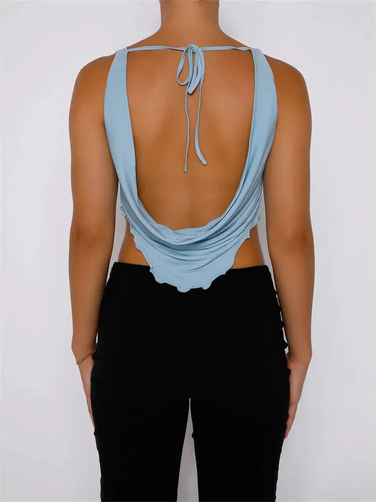 Women Vintage Low Cut Ruched Sleeveless Strap Slim Fit Backless Lace-up Y2K Streetwear 2024 New Crop Top