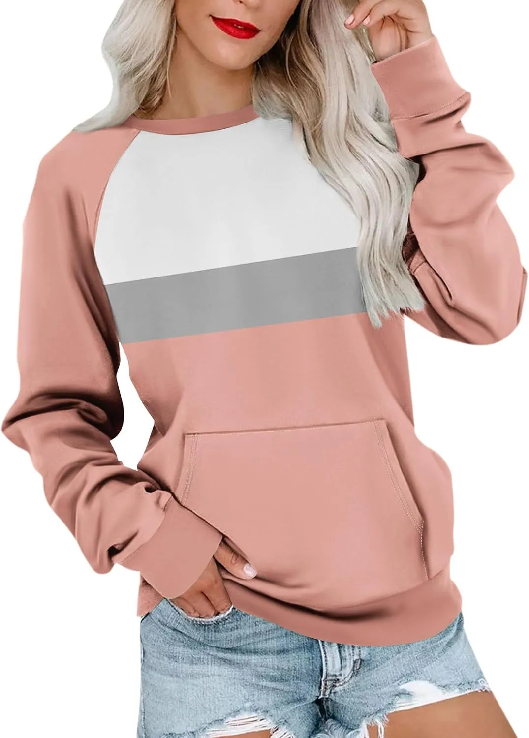Womens Crewneck Sweatshirt Pullover Trendy Sweatshirts Cute Long Sleeve Y2k Fall Tops Outfits with Pockets
