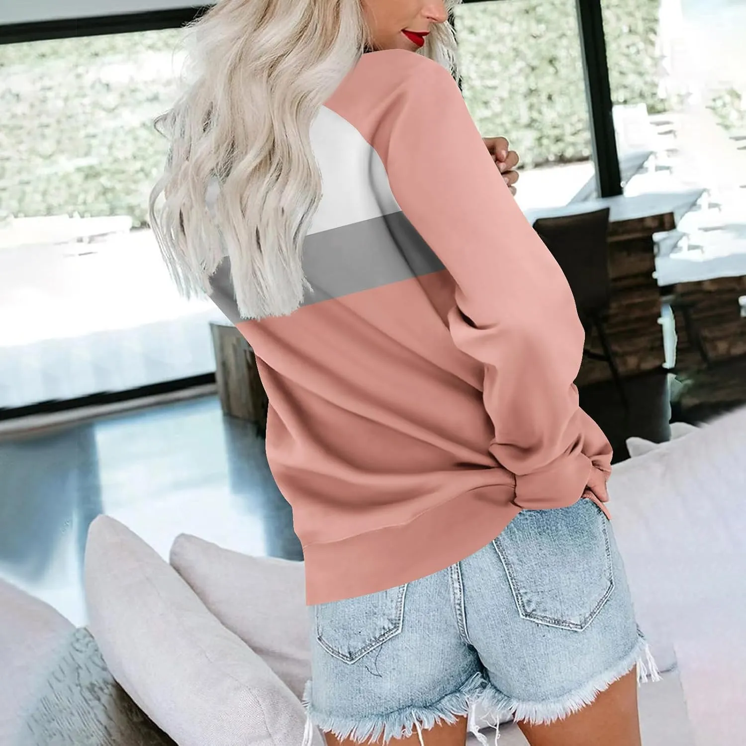 Womens Crewneck Sweatshirt Pullover Trendy Sweatshirts Cute Long Sleeve Y2k Fall Tops Outfits with Pockets