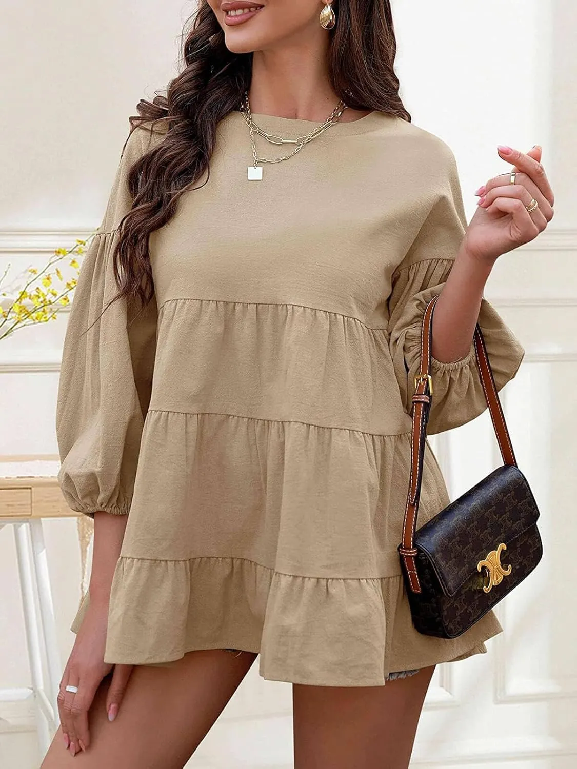 Women's Peplum Tops 3/4 Lantern Sleeve Crewneck Loose Babydoll Shirt Blouse