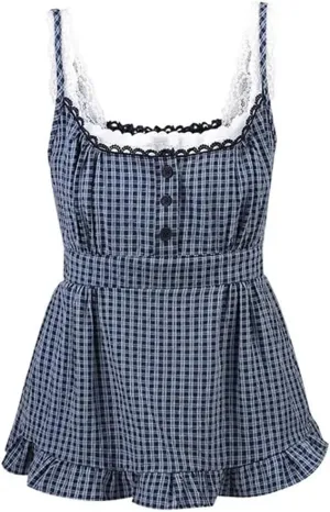 Womens Spliced Lace Fake Two-Piece Tank Top Plaid Sleeveless Ruffles Slim Short Camisole Tops