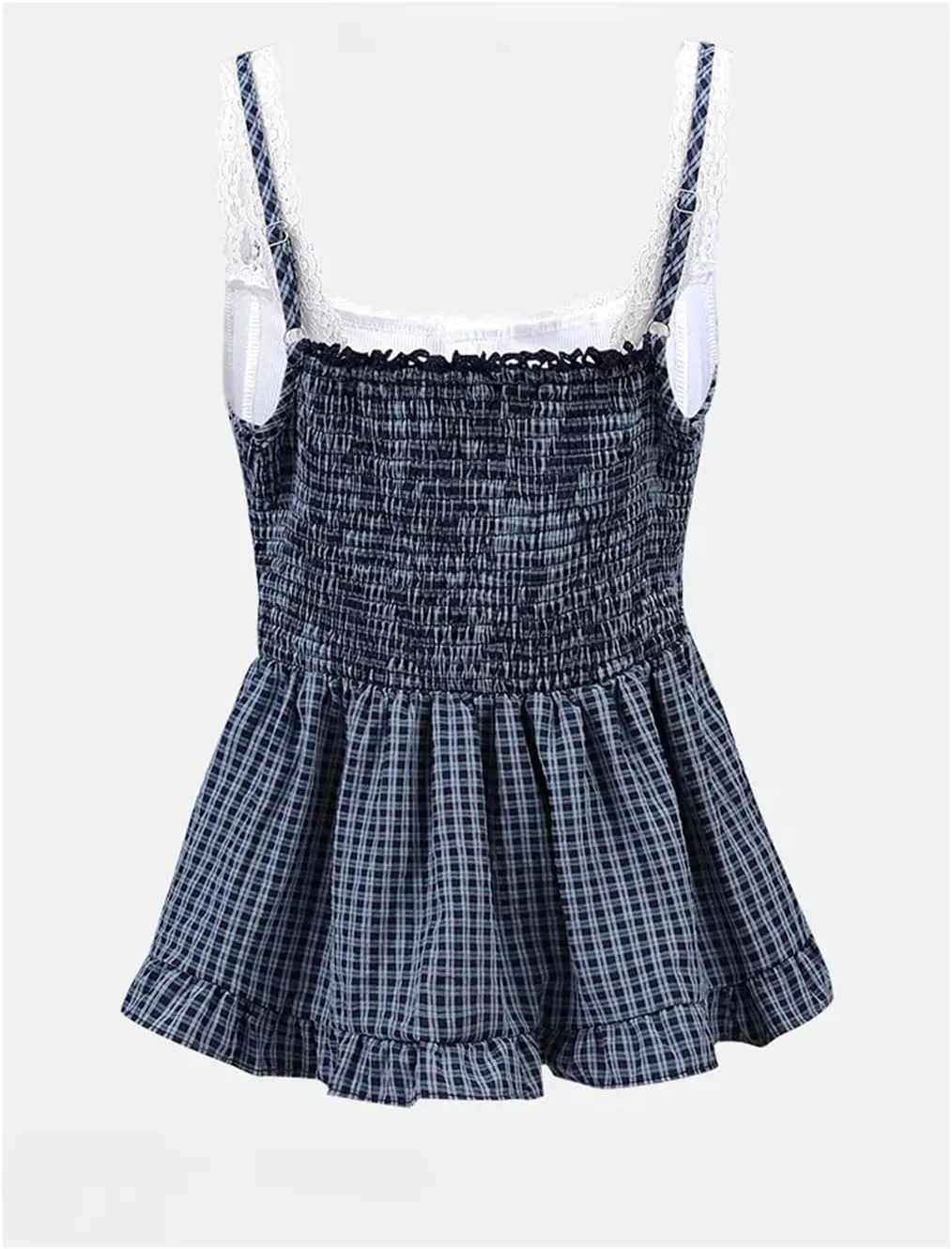 Womens Spliced Lace Fake Two-Piece Tank Top Plaid Sleeveless Ruffles Slim Short Camisole Tops