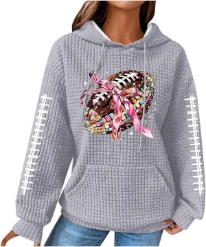 Womens Waffle Knit Hoodies Funny Football Graphic Shirt Game Day Hooded Sweatshirt Casual Pullover Tops 2025