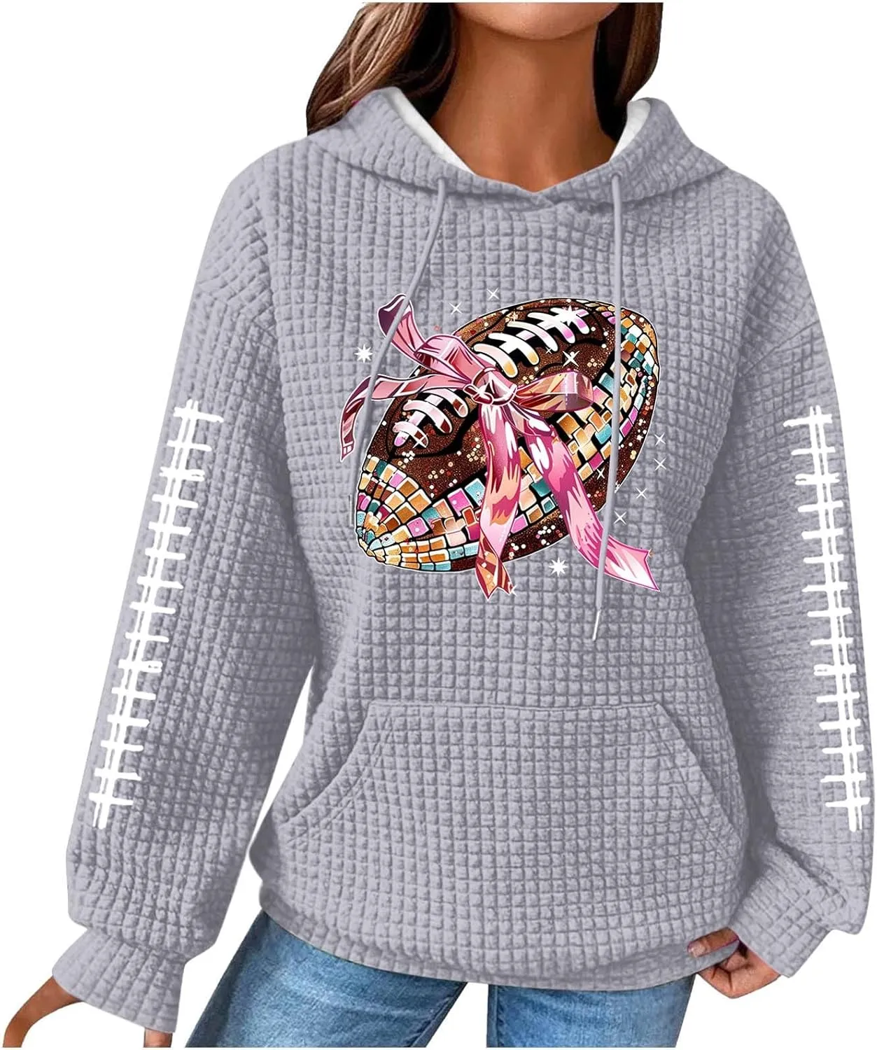 Womens Waffle Knit Hoodies Funny Football Graphic Shirt Game Day Hooded Sweatshirt Casual Pullover Tops 2025
